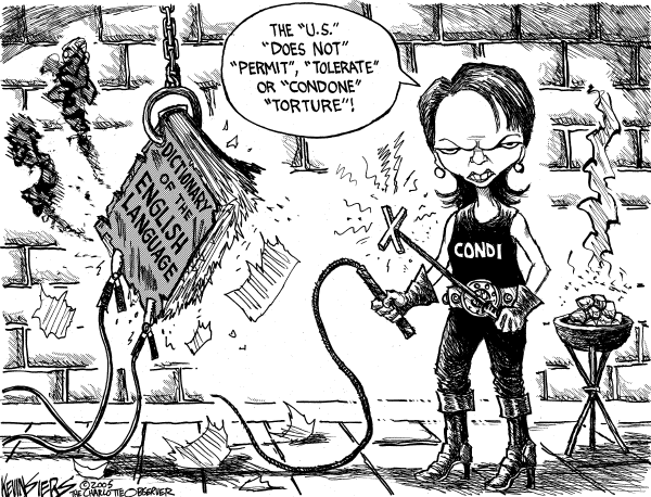 Political cartoon on Rice Decries Torture by Kevin Siers, Charlotte Observer