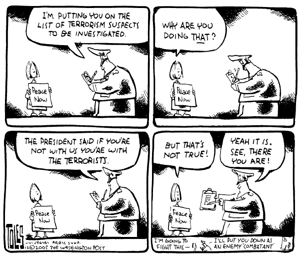 Political cartoon on The War at Home by Tom Toles, Washington Post