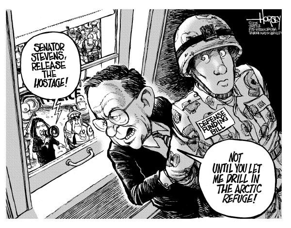 Political cartoon on Oil Reserves Under Attack by David Horsey, Seattle Post-Intelligencer