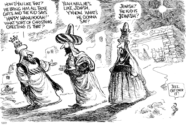Political cartoon on Season's Greetings by Pat Oliphant, Universal Press Syndicate