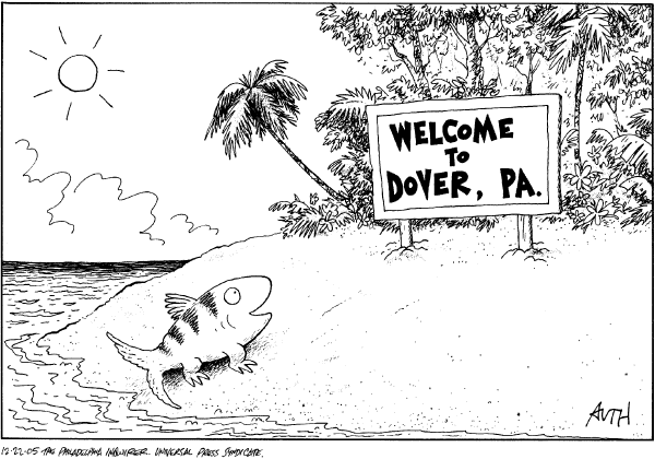 Political cartoon on Court Rules Against Intelligent Design by Tony Auth, Philadelphia Inquirer