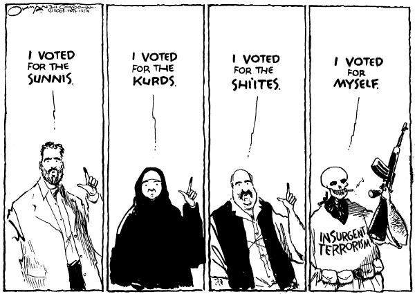 Political cartoon on Impressive Elections in Iraq by Jack Ohman, The Oregonian