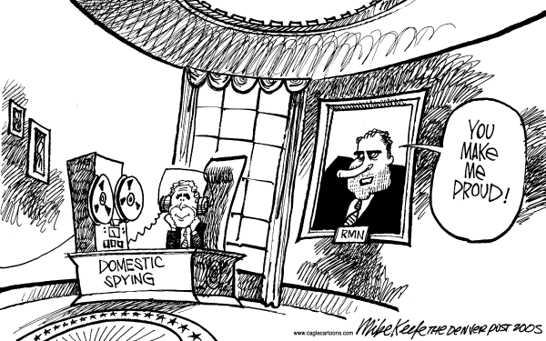 Political cartoon on Bush Claims Unlimited Powers by Mike Keefe, Denver Post