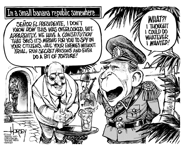 Political cartoon on Bush Claims Unlimited Powers by David Horsey, Seattle Post-Intelligencer