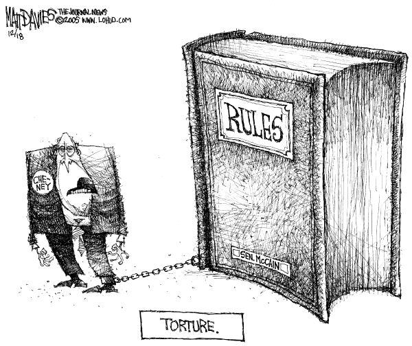Political cartoon on Bush Claims Unlimited Powers by Matt Davies, Journal News