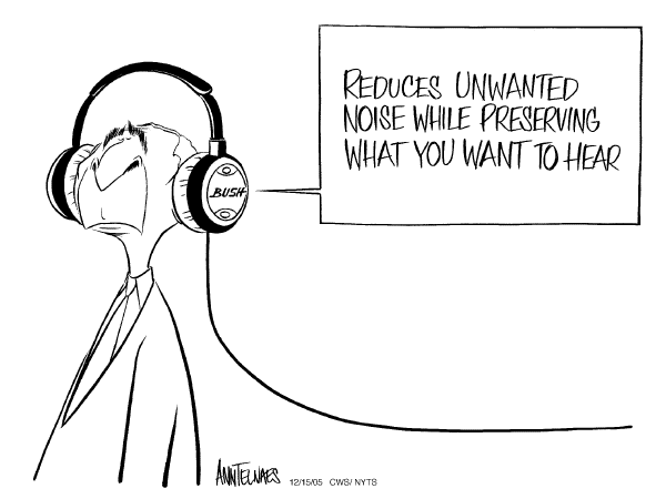 Political cartoon on Bush Claims Unlimited Powers by Ann Telnaes, Tribune Media Services