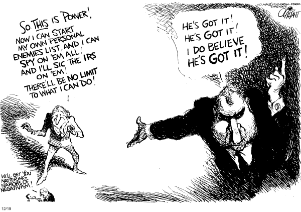 Political cartoon on Bush Claims Unlimited Powers by Pat Oliphant, Universal Press Syndicate