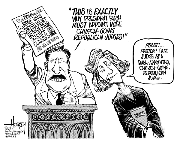 Political cartoon on Intelligetn Design Suffers Setback by David Horsey, Seattle Post-Intelligencer