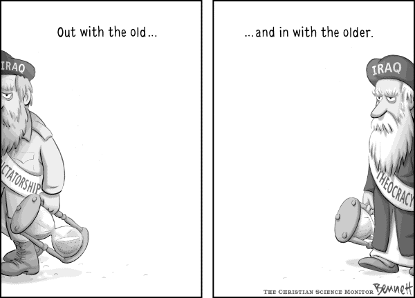 Political cartoon on Still More Progress in Iraq by Clay Bennett, Christian Science Monitor