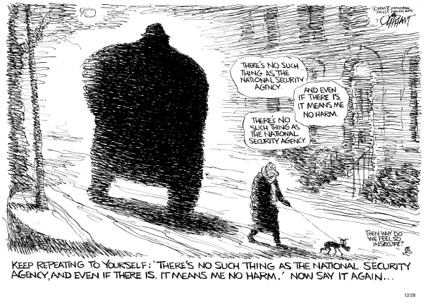 Political cartoon on The War Hits Home by Pat Oliphant, Universal Press Syndicate