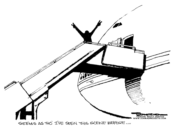 Political cartoon on President Bush Retaliates by Paul Conrad, Tribune Media Services