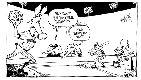 Political cartoon on Democrats Contemplate Action by Signe Wilkinson, Philadelphia Daily News