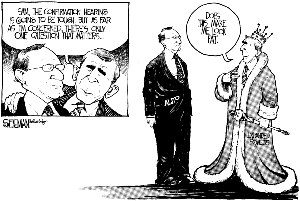 Political cartoon on Samuel Alito Testifies by Drew Sheneman, Newark Star Ledger