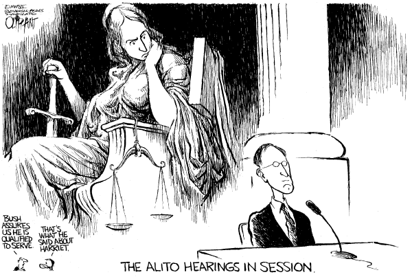 Political cartoon on Samuel Alito Testifies by Pat Oliphant, Universal Press Syndicate