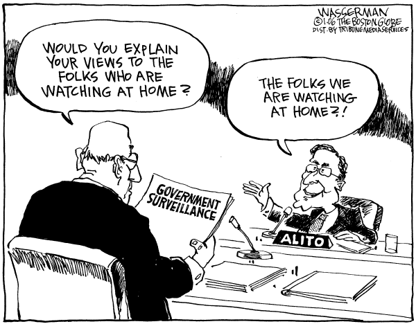 Political cartoon on Samuel Alito Testifies by Dan Wasserman, Boston Globe