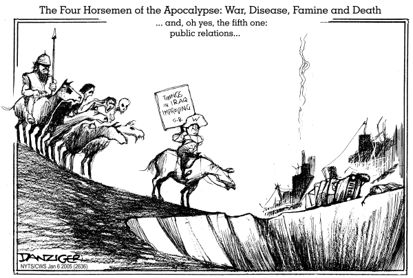 Political cartoon on Iraq War Going Well, Administration Says by Jeff Danziger, Cartoonists & Writers Syndicate