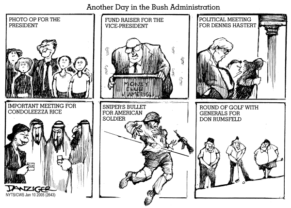 Political cartoon on Iraq War Going Well, Administration Says by Jeff Danziger, Cartoonists & Writers Syndicate