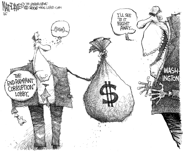 Political cartoon on Conressmen Cleaning Up by Matt Davies, Journal News