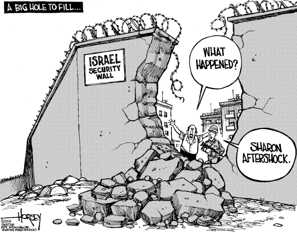 Political cartoon on Ariel Sharon Clings to Life by David Horsey, Seattle Post-Intelligencer
