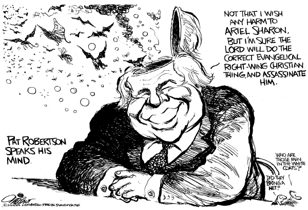 Political cartoon on Ariel Sharon Clings to Life by Pat Oliphant, Universal Press Syndicate