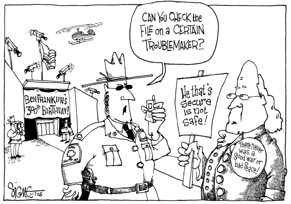 Political cartoon on Security Tightens on the Homefront by Signe Wilkinson, Philadelphia Daily News