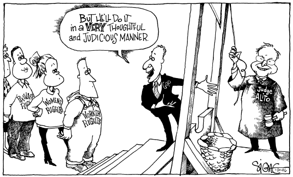 Political cartoon on Democrats Oppose Alito by Signe Wilkinson, Philadelphia Daily News