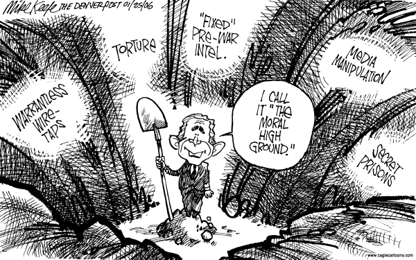 Political cartoon on Bush Takes the Offensive by Mike Keefe, Denver Post