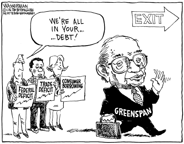 Political cartoon on Dow Plunges by Dan Wasserman, Boston Globe