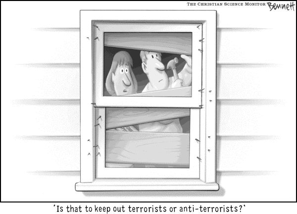 Political cartoon on Americans Adapting to War by Clay Bennett, Christian Science Monitor