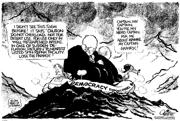 Political cartoon on Administration Restates Policies by Pat Oliphant, Universal Press Syndicate