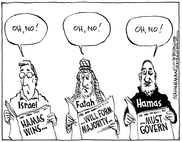 Political cartoon on Palestinians Elect Hamas by Dan Wasserman, Boston Globe