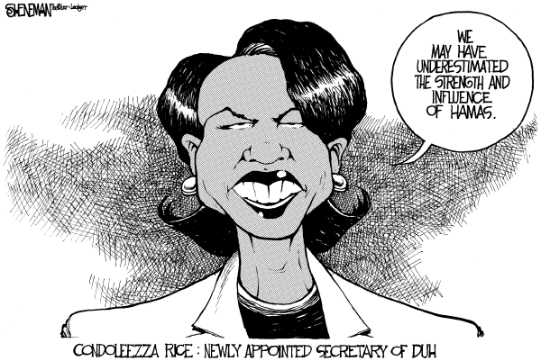 Political cartoon on Palestinians Elect Hamas by Drew Sheneman, Newark Star Ledger
