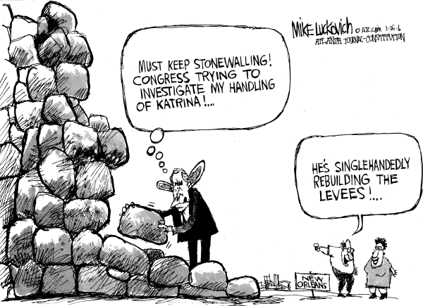 Political cartoon on Katrina Investigation Now a Category 3 by Mike Luckovich, Atlanta Journal-Constitution