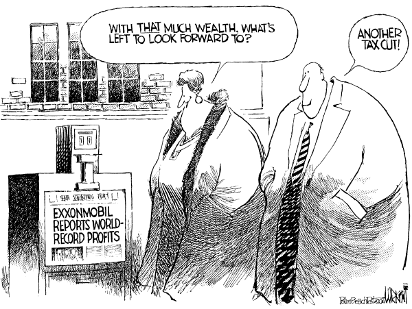 Political cartoon on ExxonMobil Hits a Gusher by Don Wright, Palm Beach Post