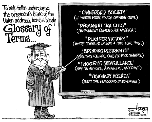 Political cartoon on President Pleased with State of the Union by David Horsey, Seattle Post-Intelligencer