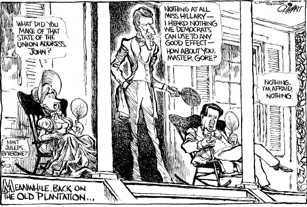 Political cartoon on President Pleased with State of the Union by Pat Oliphant, Universal Press Syndicate