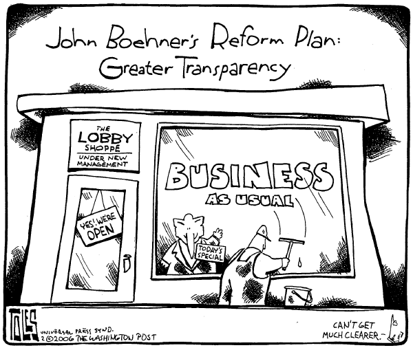 Political cartoon on Republicans Lead Reform Fight by Tom Toles, Washington Post
