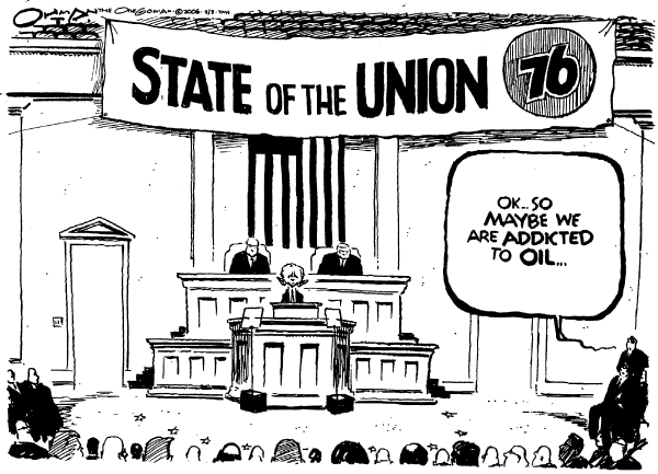Political cartoon on US Addicted to Oil, Oilman Says by Jack Ohman, The Oregonian