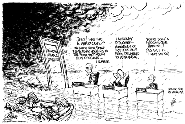 Political cartoon on Katrina Probe Rips Administration by Pat Oliphant, Universal Press Syndicate