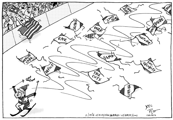 Political cartoon on Bush Working Harder Than Ever by Joel Pett, Lexington Observer