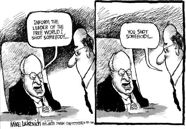 Political cartoon on President Supports Cheney by Mike Luckovich, Atlanta Journal-Constitution