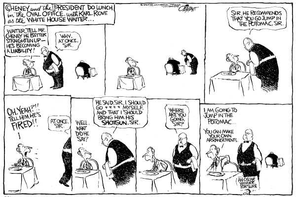 Political cartoon on President Supports Cheney by Pat Oliphant, Universal Press Syndicate