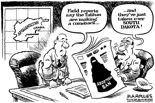 Political cartoon on South Dakota Outlaws Abortion by Jimmy Margulies, The Record, New Jersey