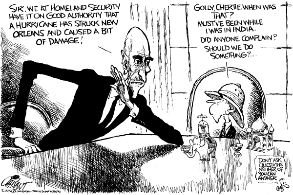 Political cartoon on President Visits Sub-Continent by Pat Oliphant, Universal Press Syndicate
