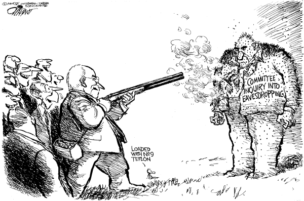 Political cartoon on Patriot Act Renewed by Pat Oliphant, Universal Press Syndicate