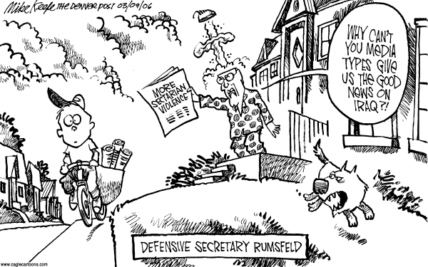 Political cartoon on Media to Blame for Iraq, Rumsfeld Says by Mike Keefe, Denver Post