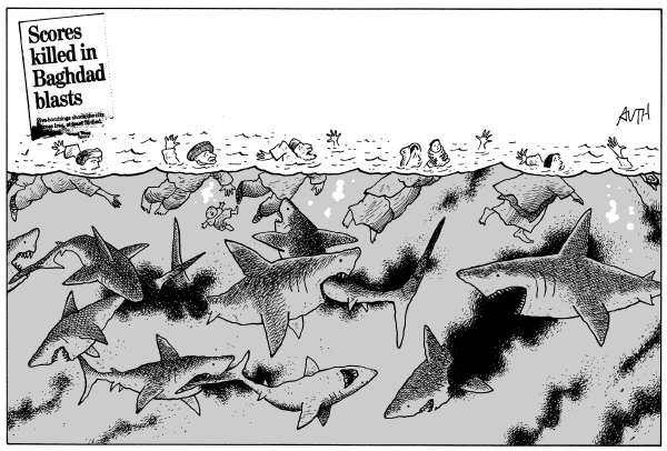 Political cartoon on Media to Blame for Iraq, Rumsfeld Says by Tony Auth, Philadelphia Inquirer