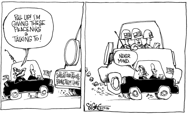 Political cartoon on Media to Blame for Iraq, Rumsfeld Says by Signe Wilkinson, Philadelphia Daily News