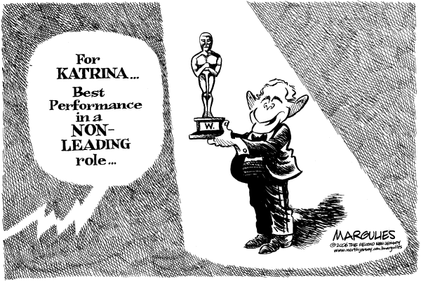 Political cartoon on Video Contadicts Bush's Katrina Account by Jimmy Margulies, The Record, New Jersey
