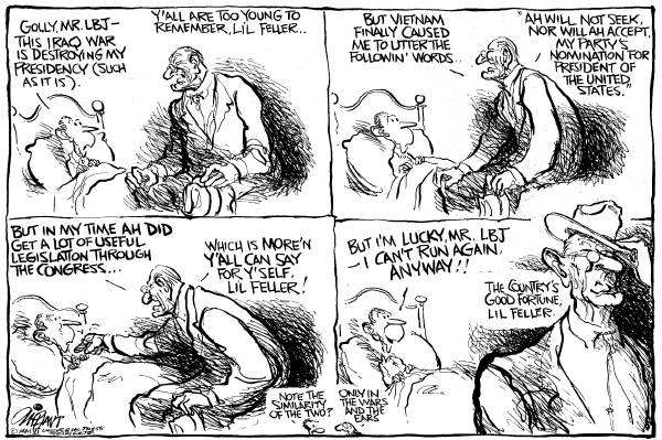 Editorial Cartoon by Pat Oliphant, Universal Press Syndicate on Bush Goes on the Offensive